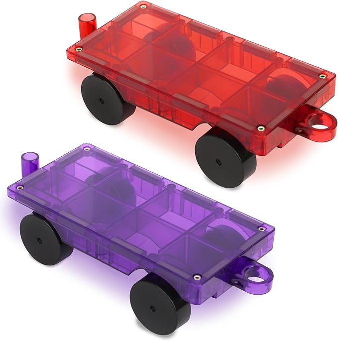 Playmags 2 Piece Car Set: with Stronger Magnets, STEM Toys for Kids, Use with All Magnetic Tiles and Blocks Sturdy, Super Durable with Vivid Clear Color Tiles. (Colors May Vary)