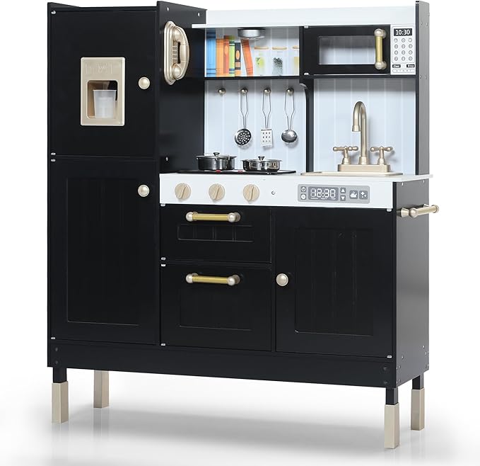 Play Kitchen for Kids, Wooden Kids Kitchen Playset with Realistic Sounds, Children Pretend Toy Kitchen Playset w/Stove, Oven & Ice Maker, Little Chef Play Kitchen for Girls and Boys, Black