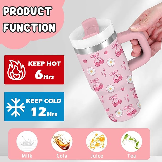 Cherry Bow Gifts for Girls - 14oz Kids Tumbler with Handle and Straw, Stainless Steel Insulated Water Cup, for Sport, School, Travel - Pink Bow Cherry Themed Children Birthday Gift Cup(1pc)