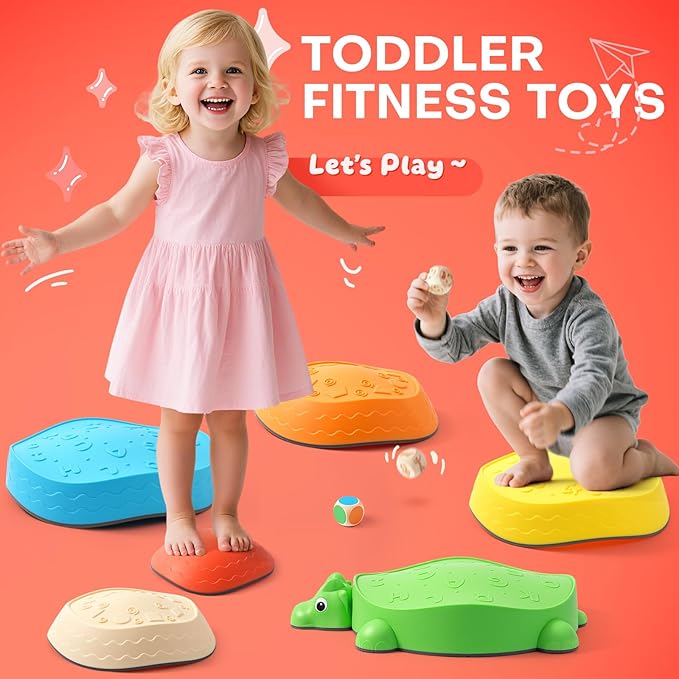 6PCS Dinosaur Stepping Stones for Kids with 3 Wooden Dice (Emotion/Action/Color)-Balance Stone Interactive Play Toddler Stepping Stones for Indoor/Outdoor,Sensory Toys for Toddlers