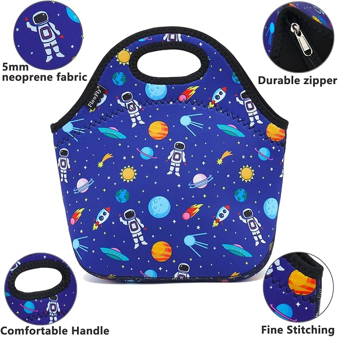 FlowFly Neoprene kids Lunch box Insulated Soft Bag Mini Cooler Thermal Meal Tote Kit for Boys, Girls,Men,Women,School,Work, Office, Astronaut