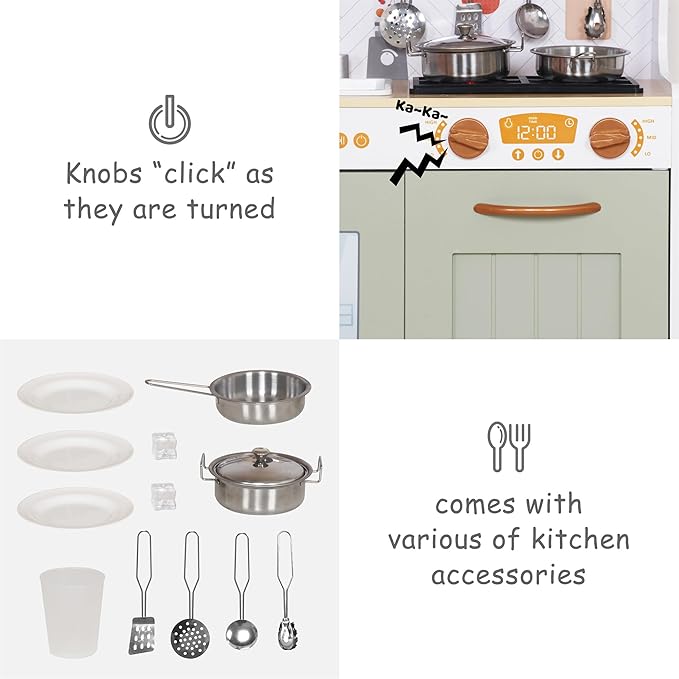 Wooden Play Kitchen Toy Set with Light, Kids Children Pretend Toy Kitchen Playset, Sink Play Toy Oven with Microwave,Toddler Cooking Set Toy for Ages 3+ Baby Girls Boys (Green)