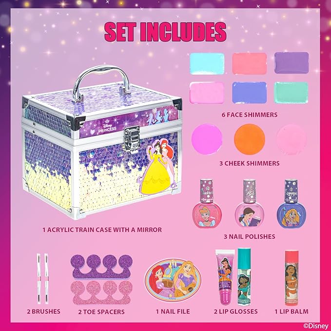Disney Princess Train Case Beauty Set, Kids Makeup Kit for Girls, Real Washable Makeup Set, Play Makeup, Party Favor, Birthday, Ages 3 4 5 6 7 8 9 10 11 12 by Townley Girl
