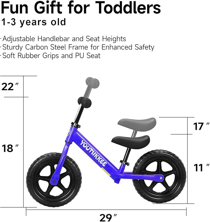 12 Inch Toddler Balance Bike for 1-3 Year Olds, No-Pedal Bike with Tool-Free Adjustable Seat, Quick Assembly, Gift for 1-3 Year Old Boys & Girls with Customizable Plate