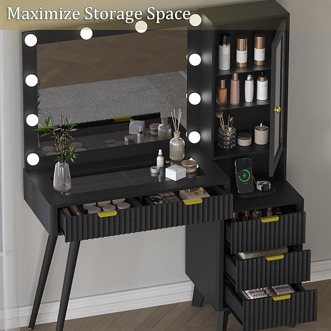 45” Fluted Makeup Vanity Desk with Mirror and Lights, Glass Top Dressing Table with 5 Drawers, LED Lighted Adjustable Cabinet, Trays & Charging Station for Bedroom Dressing Room