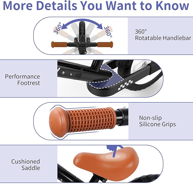 BELEEV C2 Toddler Balance Bike for 2-5 Year Olds with LED Light-Up Wheels, Adjustable Seat & Handlebar & Footrest, 12 inch No-Pedal Training Kids Push Bicycle - First Birthday Gift for Boys & Girls