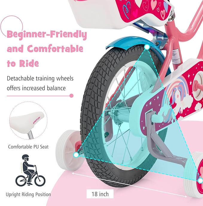 BABY JOY Kids Bike, 12 14 16 18 Inch Children Bicycle w/Detachable Training Wheels, Storage Basket, Adjustable Seat & Handlebar, Bow or Streamer, Girls Bike for 3-8 Years Old
