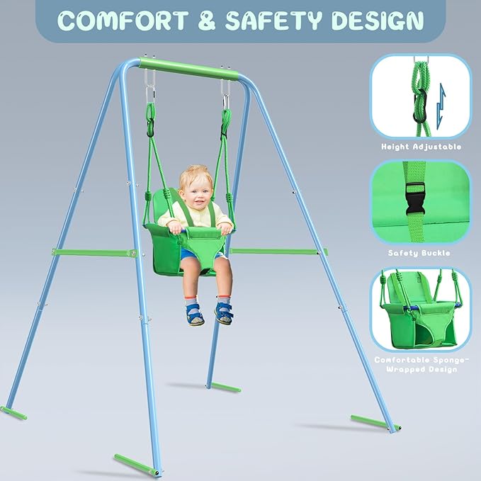 2-in-1 My First Toddler Swing Set for Backyard, Baby Indoor/Outdoor Swing with Foldable Stand, Belt & Soft Swing Seat with Safety Harness & Height Adjuster, Suitable for Children 6 Months and Older