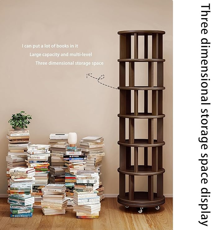 6 Tier Rotating Bookshelf 360° Solid Wood Spinning Book Shelf Tower on Wheels Rolling Revolving Bookcase for Small Spaces, Corner, Bedroom, Kids Room, Office — Walnut