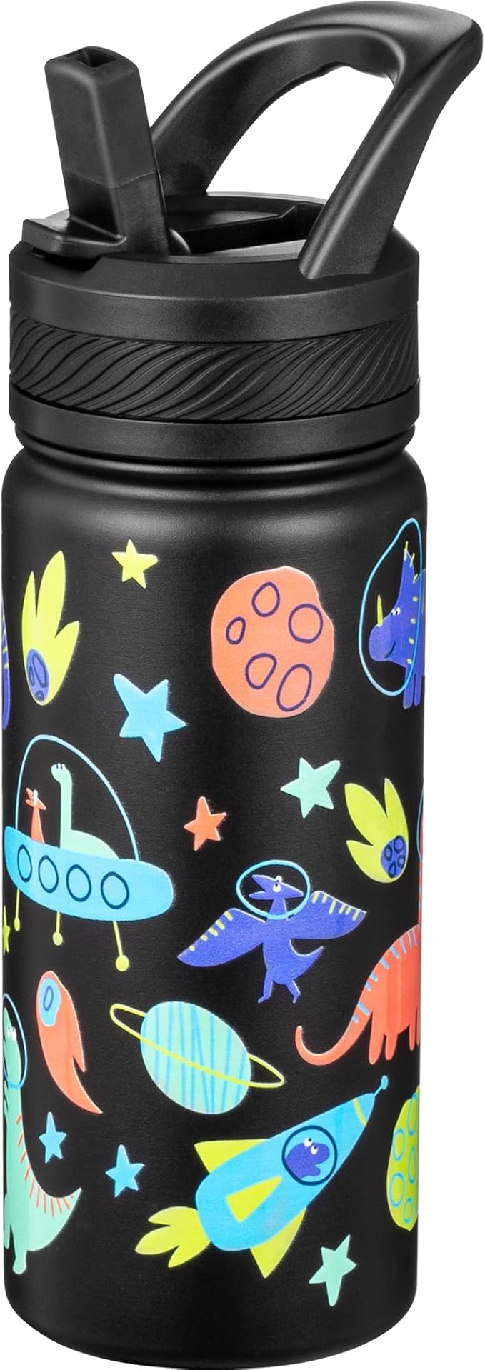 Fanhaw 18 Oz Kids Insulated Water Bottle with Straw - Stainless Steel Double Wall Vacuum Cup, Leakproof, BPA Free, Suitable for Boys and Girls(Black - Space Dinasour)
