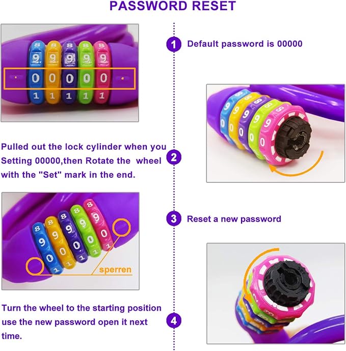 Bike Lock Cable Resettable Cable Lock Self Coiling 5 Digit Combination Bike Lock 4 Feet 120cm (Purple)