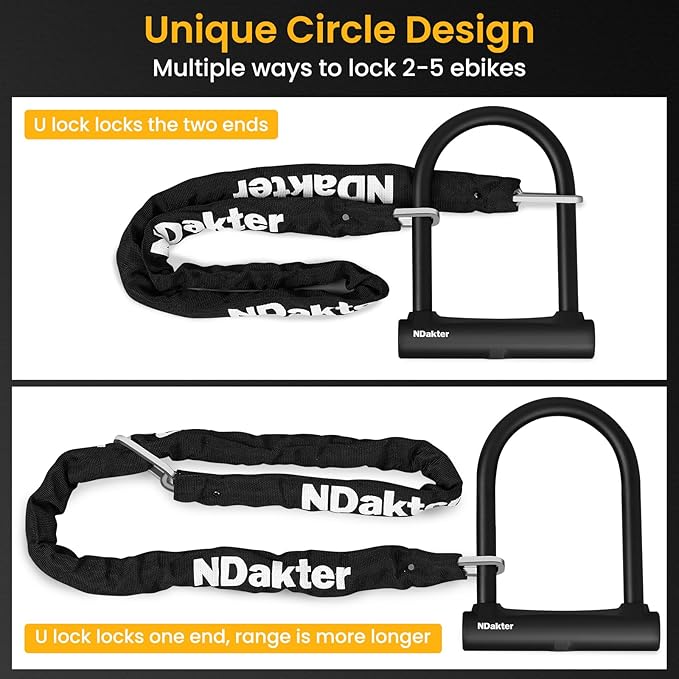 NDakter Bike Locks Heavy Duty Anti Theft, Bike U Lock with 4FT Chain and Bracket,15mm Shackle Electric Bicycle Lock for Scooter, 3 Keys Motorcycle Wheel Lock for Ebike, Moped, Tricycle