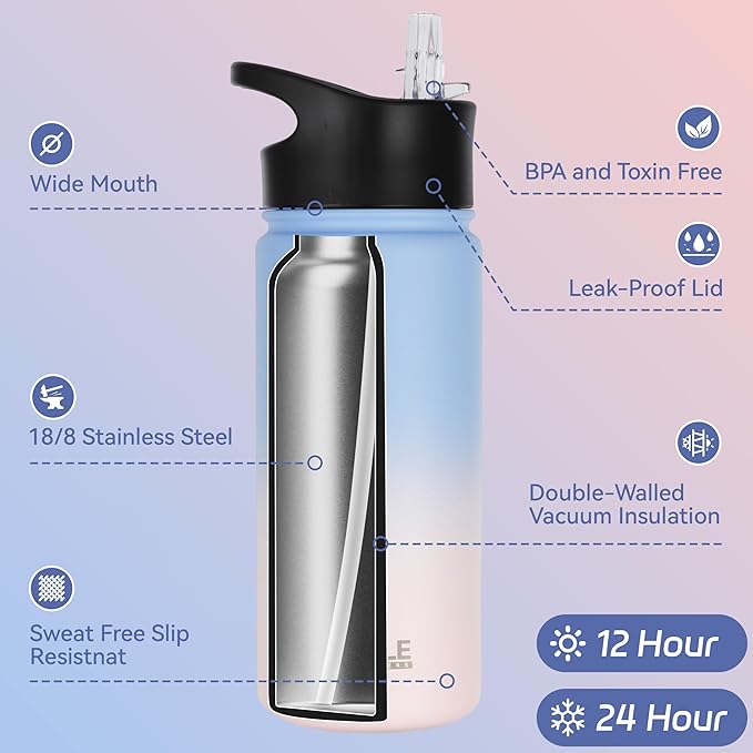 HASLE OUTFITTERS Insulated Water Bottle 16 oz Double Wall Vacuum Stainless Steel Water Bottle Leak Proof for School Wide Mouth with Straw Lid & Spout Lid Keeps Cold and Hot(Candy,8pack)