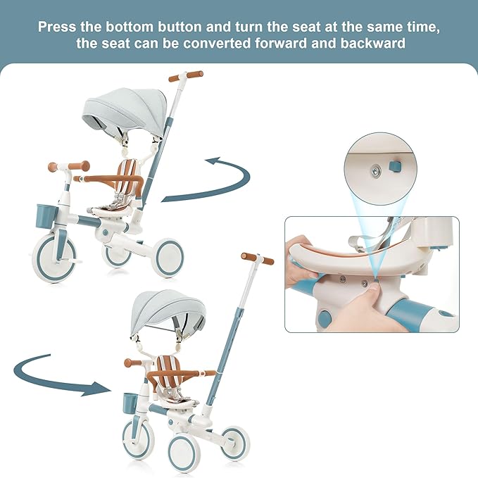 Foldable Kids Tricycle with Adjustable Pedals, Removable Canopy & Cup Holder Safe, Portable Toddler Bike Age 18-72 Months