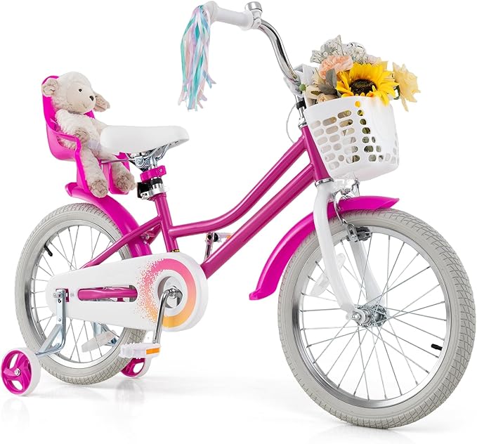 BABY JOY Kids Bike, 12 14 16 18 Inch Children Bicycle w/Detachable Training Wheels, Storage Basket, Adjustable Seat & Handlebar, Bow or Streamer, Girls Bike for 3-8 Years Old