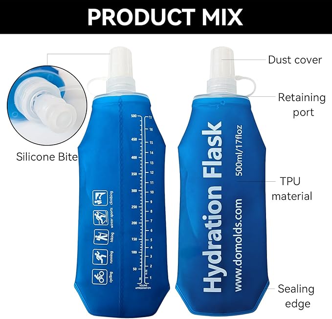 500ml Soft Flask Folding TPU Hydration Flask Running Water Bottle(17.6 oz), Water Pouch for Running Vest, Hiking, Cycling (Blue 500ml)
