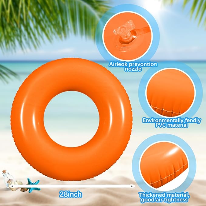 6 Pcs Inflatable Pool Floats 28 Inches Swim Tube Bulk for Adults Swimming Ring Pool Floaties for Beach Party Decorations Women and Men River Lake Summer Vacation Holiday (Orange)