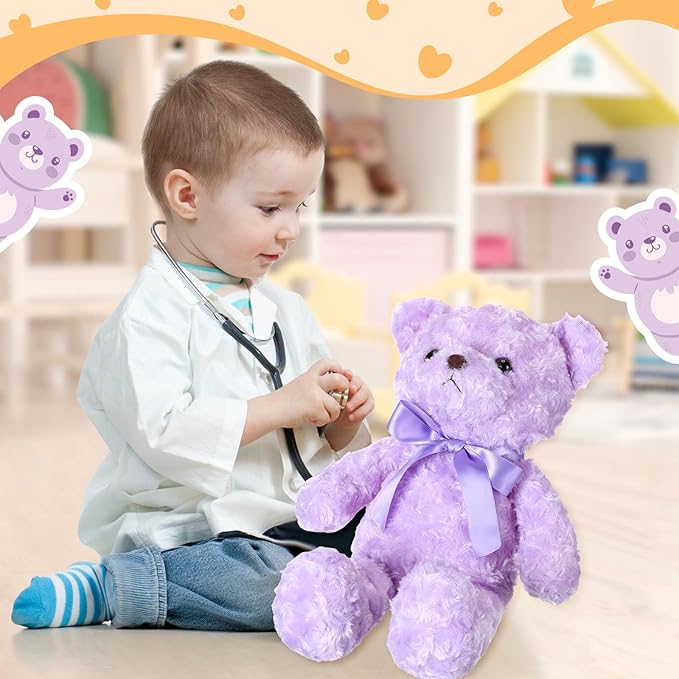 16 Inches Girl's First Bear Plush Stuffed Cute Bear Soft with Bow Plush Animal Toys for Girl Girlfriend Baby Shower Birthday Gifts Valentine Gifts(Purple)