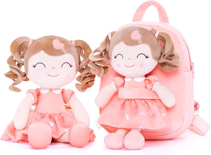 Gloveleya Back to School Gifts for GirlsToddler Backpack Baby Girl Gift Plush Bag Diaper Bag with Spring Girl Doll Curly Hair Girl Toys with Love Orange 9 Inches