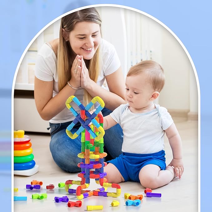 Ggiibro STEM Building Toy for Toddlers 200Pieces Tube Pipe Toy,Educational Preschool Game for 3+ Years,Learning Building Blocks Play with Storage Box Gift Kit,Montessori Toys for Boys & Girls
