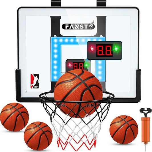Over The Door Basketball Hoop, Basketballs Hoops Indoor for Kids with LED Cheering, Anti-Impact, 2 Game Mode& Mute Mode, Mini Hoops Door Slam Toy with 4 Ball for 5 6 7 8 9 10 11 12 Old Boys