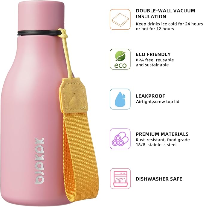BJPKPK Insulated Water Bottles, 12oz Stainless Steel Metal Water Bottle with Strap, BPA Free Leak Proof Thermos, Mugs, Flasks, Reusable Water Bottle for Sports & Travel, Light Pink