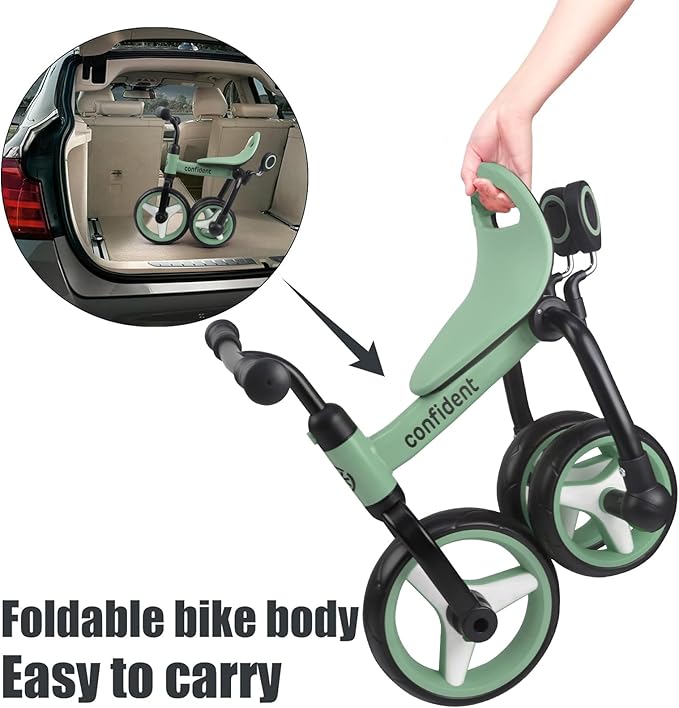 YGJT 4 in 1 Tricycle for Toddlers Age 2-5, Folding Toddler Bike Kids Trike Tricycles with Adjustable Seat and Removable Pedal, Baby Balance Bike Ride-on Toys Gift for Baby Boys Girls Birthday(Green)