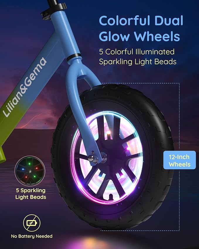 Lilian&Gema Toddler Balance Bike Colorful Lighting, 12'' Kids Balance Bike for 2-5 Years Old with Adjustable Seat & Handlebar, Toddler Gift Bike Suitable for Boys and Girls Ages 2 3 4 5
