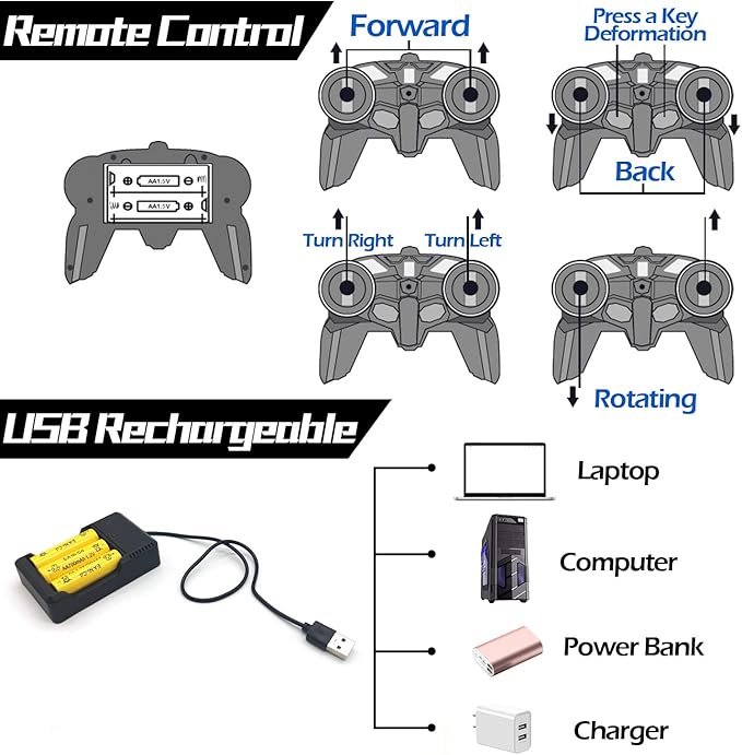 AMENON Remote Control Car - Transform Robot Toys for Boys Teens, Rechargeable RC Car with Lights, 2.4Ghz RC Car 1:18 Rechargeable 360° Rotating Race Transform Car Birthday Gifts Party Favors for Kids