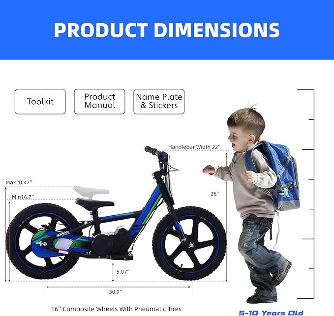 OLALA Electric Dirt Bike for Kids Aged 5-10, 340W Racing Grade Electric Motorcycle with Aluminum Frame, Up to 12MPH & 3 Speed Settings, Safe Disc Brakes, 16IN Knobby Tires