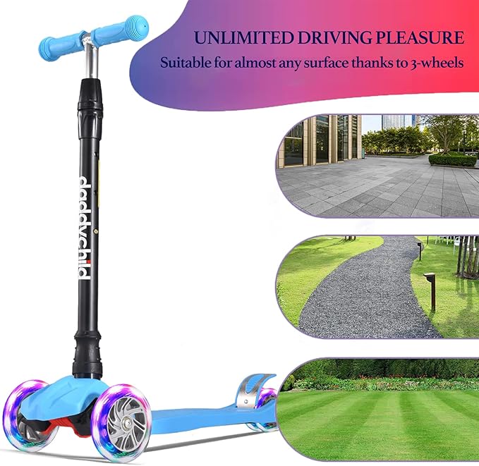 Kids Kick Scooter, 3 Wheeled Scooter for Kids, Child/Toddlers Toy, Adjustable Height, Anti-Slip Deck, Flashing Wheel Lights, for Boys/Girls 3-12 Year Old