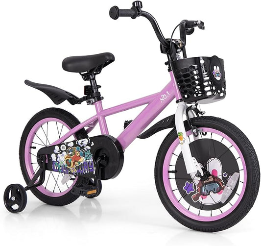 BABY JOY Rabbit Pilot Sporty Kids Bike, 12 14 16 18 Inch Child Bike for 3-8 Years Old with Adjustable Height, Training Wheels, Storage Basket, Handbrake & Coaster Brake, Kids Bicycle for Girls Boys