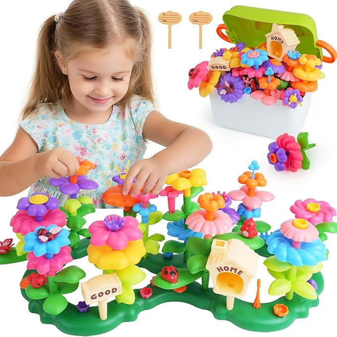 Flower Garden Building Toys for 3-7 Year Old Girls - Best Birthday Gifts for Toddler Ages 3-5 5-7, Educational Kit with 120+ Pieces, Stacking Pretend Play Set for Preschool Kids
