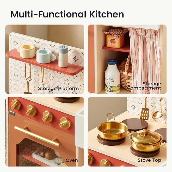 Tiny Land Play Kitchen, Kids Kitchen Playset, Toddler Kitchen with Cutting Food Set, Wooden Kitchen Sets for Kids, Best Gift for Girls and Boys