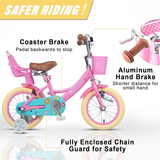 Glerc Maggie Girls Bike, 12-20 Inch Kids Bike for 2-13 Years Old Children, Princess Style Kids Bicycle with Doll-Seat & Basket & Training Wheels, Multiple Colors