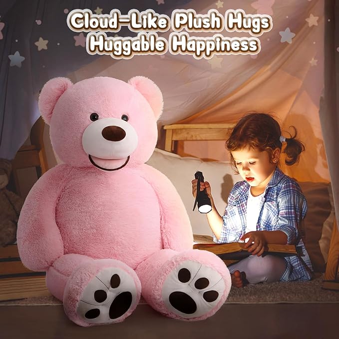 MorisMos Smile Giant Teddy Bear, 51inch Large Stuffed Bears with Big Footprints, Big Stuffed Animals Cuddly Plush Gifts for Girlfriends, Boyfriend, Pink