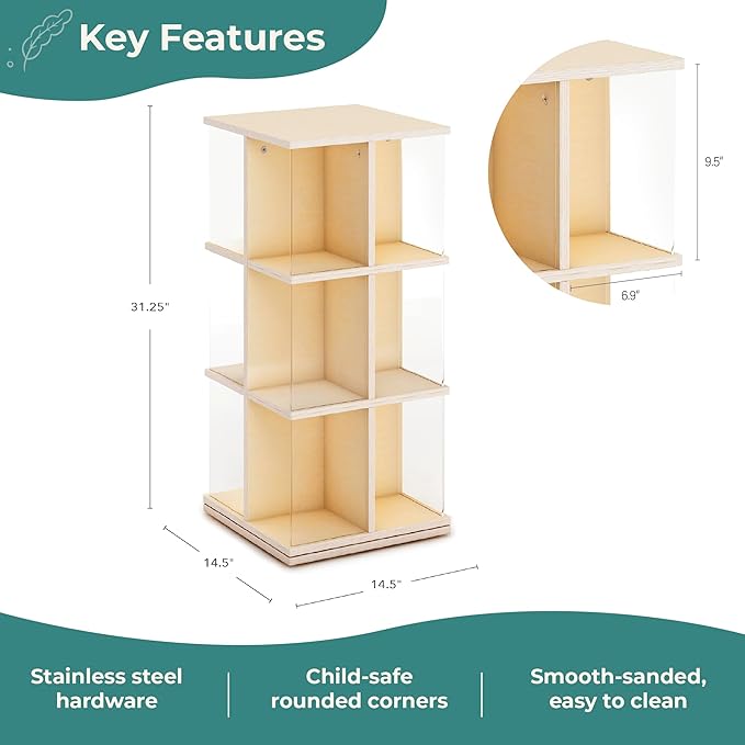 Guidecraft EdQ Kids Rotating Bookshelf: Natural Wood Revolving Bookcase - 360 Degree Spinning Book Shelf Tower with Acrylic Montessori Storage for Classroom, Bedroom and Playroom | Toy Organizer