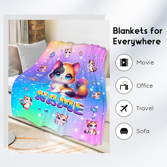 Personalized Blankets for Girls - Custom Cat Lovers Blanket Gifts - Soft Cozy Cute Flannel Cat Throw for Sofa Living, 4 Size