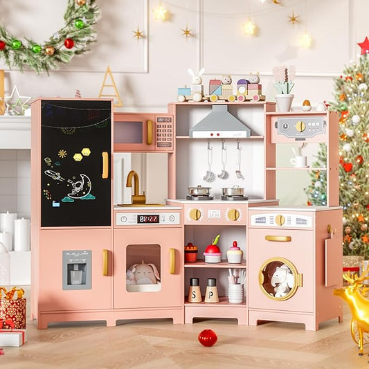 MAMIZO Wooden Corner Play Kitchen, Large Ultimate Interactive Toddler Pretend Kids Kitchen Playset with Blackboard, Stove & Range Hood w/Light & Sound, Ice Maker, Washing Machine, 6 Toy Set (Pink)