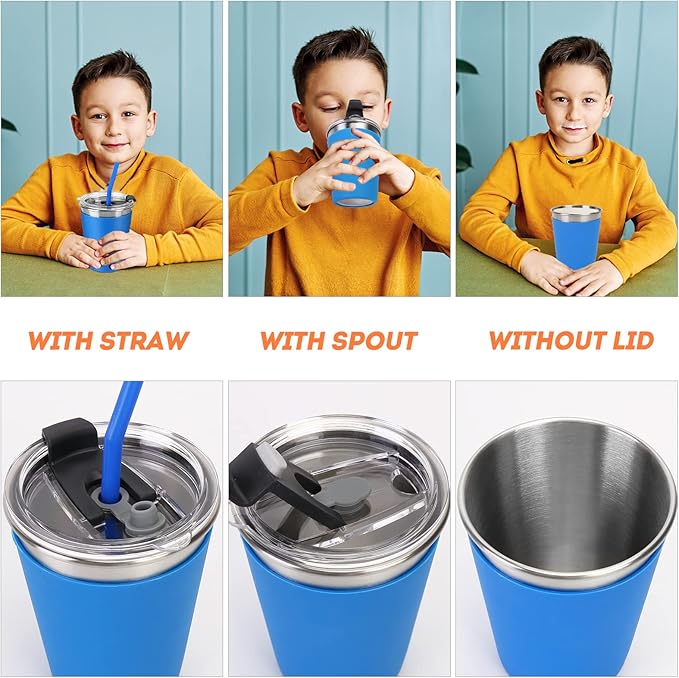 Kids Cups with Lids and Straws, 12oz Kids Tumblers with Straws and Lids Spill Proof Cups for Kid Stainless Steel Sippy Cup for School, Outdoor, 5 Pack