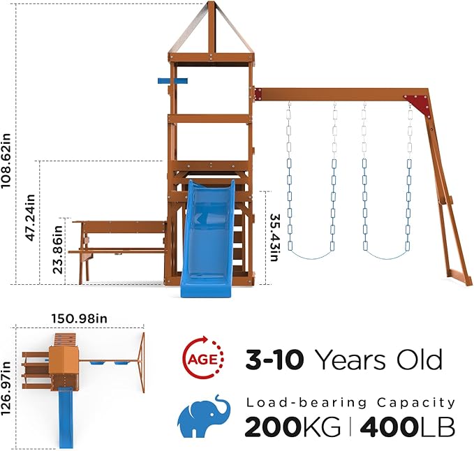 Dolphin Playground Wooden Swing Sets for Backyard with 2 in 1 Outdoor Table, Outdoor Playset for Kids 3-10 with Rock Climbing Wall, 6FT Wave Slide, Fort, and 2 Belt Swings, Playground Accessories