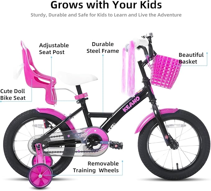 KEANO Zinnia 14 16 20 Inch Kids Bike for Girls Ages 3-10 Years, Girls' Bikes with Training Wheels, Streamers, Basket and Doll Seat, Children Bicycles