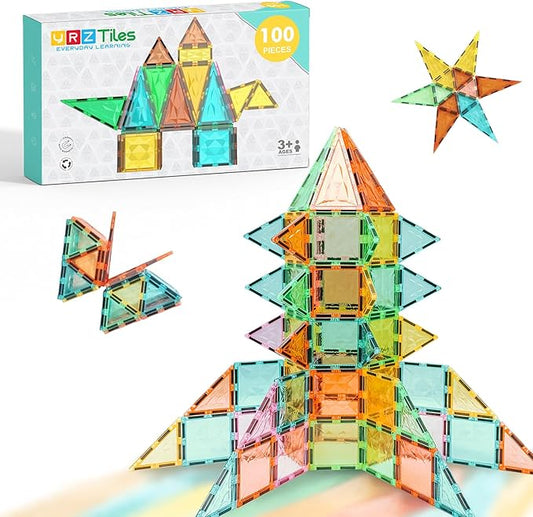 Magnetic Tiles 100-Piece Set for Kids, Magnetic Building Blocks STEM Toys for Age 3+ Boys and Girls, Educational Magnet Construction Tiles for Creativity & Learning