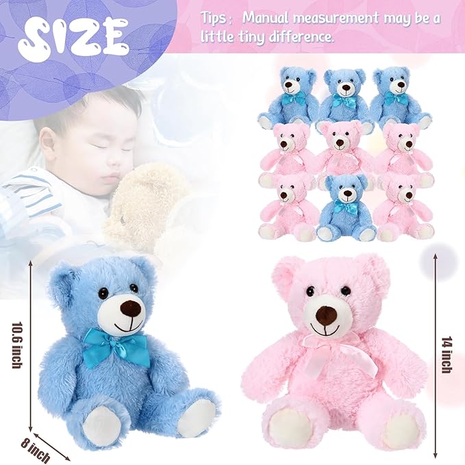 Zhanmai 9 Packs Cute Bear Stuffed Animals 14 Inch Plush Bears in 7 Colors Stuffed Animals Bulk for Valentine Gift Graduation Baby Shower Birthday Party Favor(Pink, Blue)