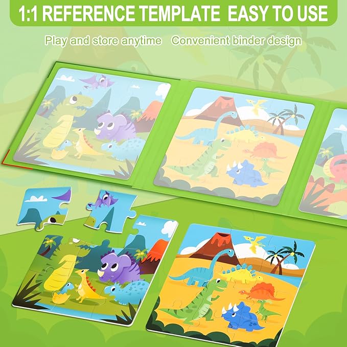 ASTARON Magnetic Puzzles for Toddlers, 16-20-25 Pieces Dinosaur Land Learning Magnet Puzzles for Road Trip, Educational Travel Toys Car Plane Activities for Kids, Kids Birthday Gifts