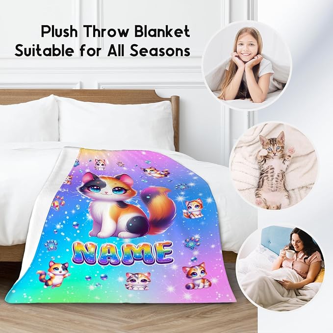 Personalized Blankets for Girls - Custom Cat Lovers Blanket Gifts - Soft Cozy Cute Flannel Cat Throw for Sofa Living, 4 Size