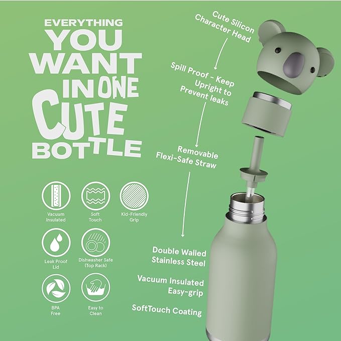 asobu Bestie Bottle Insulated Stainless Steel Water Bottle with Detachable Soft Animal Head Fun Drinking For Kids and Teens with Flexible Reusable Straw 16 Ounce (Koala)