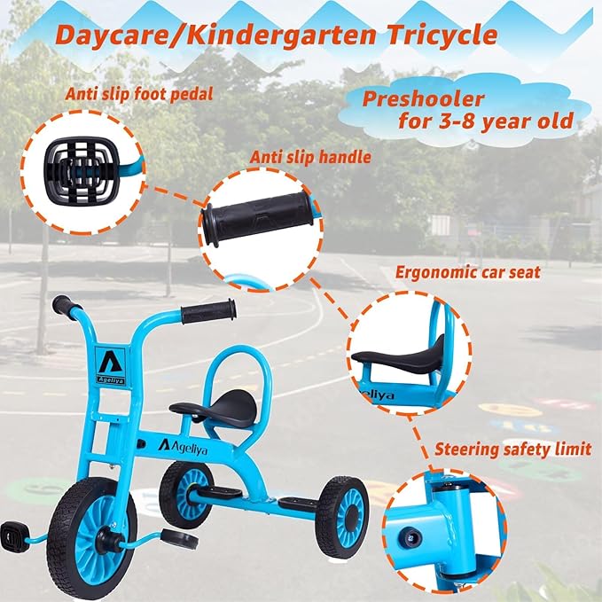 Kids Tricycle for Preschool Ages 3+, Ideal Outdoor Playground & Daycare Yard Trikes, Durable Metal Pedal Trike Gift for Boys and Girls, Sturdy Carbon Steel Frame, Inflation-Free Rubber Wheels