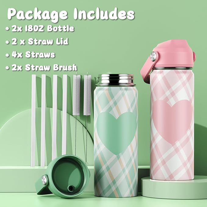 18oz Kids Insulated Water Bottle with Straw Lid - 18/8 Stainless Steel Kid Cup Travel Tumbler Double Wall Vacuum Leak Proof Portable Toddler Water Bottle (Plaid Pink+Green）