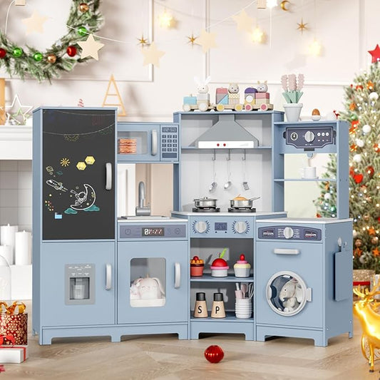 MAMIZO Wooden Corner Play Kitchen, Large Ultimate Interactive Toddler Pretend Kids Kitchen Playset with Blackboard, Stove & Range Hood w/Light & Sound, Ice Maker, Washing Machine, 6 Toy Set (Blue)